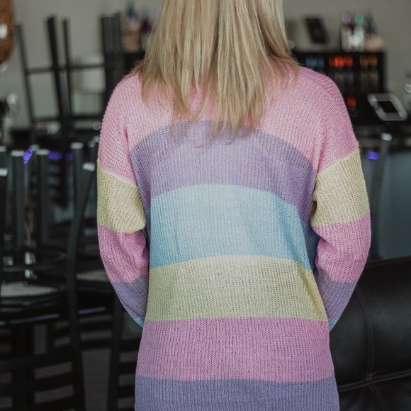 Pink Multi Color Striped Open Front Cardigan - Picture 2 of 4